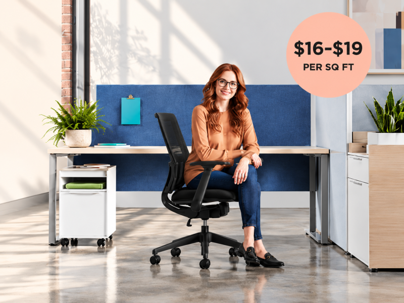 Budget_Home page Image Woman seated at an SKG workstation, with a badge reading $16–$19 per square foot." That's good for accessibility and helps SEO.